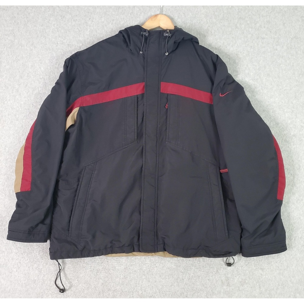 Nike Ski‎ Jacket Mens XL Black Red Tan Hooded Insulated Full Zip Colorblock